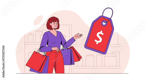 Woman with shopping bags and price tag illustrating consumerism and spending habits