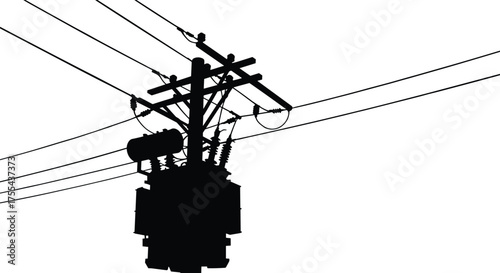 Electric power pole with transformer and high voltage wires, black silhouette vector illustration, electricity distribution infrastructure, industrial energy transmission network design concept