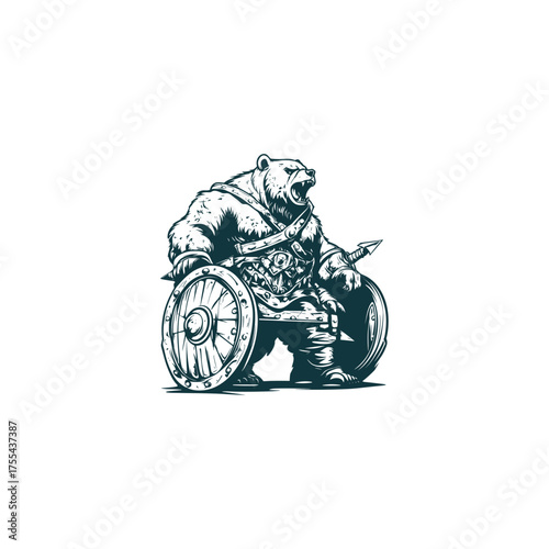 A powerful black and white illustration of an anthropomorphic bear dressed as a fierce Viking warrior, holding a wooden shield and a spear-like weapon