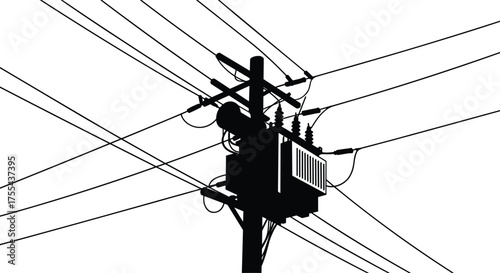 Electric power pole with transformer and high voltage cables, black silhouette vector illustration, energy 