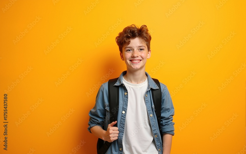 Fototapeta premium Caucasian teenage boy with a backpack, smiling in front of an orange background.Back to school orange background with caucasian young schoolboy and copy space. High quality