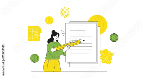 Woman Writing with Yellow Pencil, Creative Sketch, Abstract Composition, Content Creation