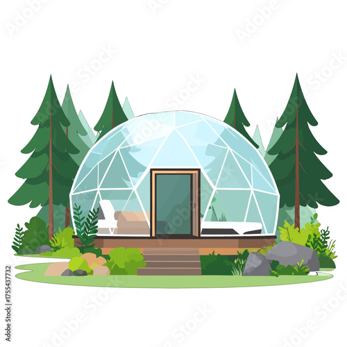 Geodesic Dome Structure with Pixel Art Style Surrounded by Coniferous Trees and Vegetation in Serene Green Landscape Illustration