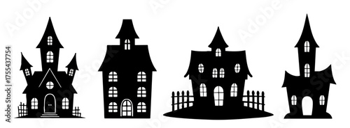 black silhouette haunted house icons set: scary castle, ghost mansion, and halloween building symbols