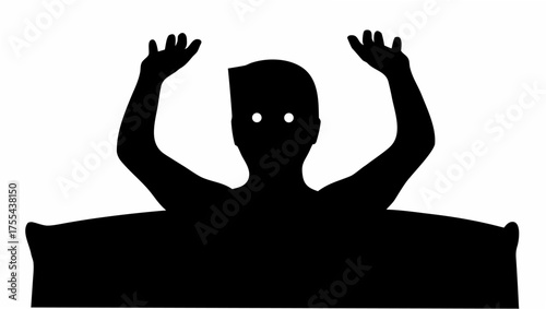 Terrifying silhouette figure with glowing eyes raising hands in fear or surrender, horror concept