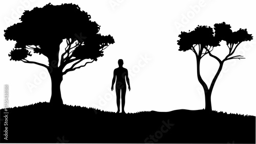 Human silhouette stands serenely between trees, creating a peaceful nature scene, perfect for contemplation