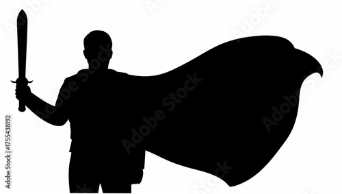 Powerful warrior silhouette striking pose with sword and cape, symbolizing strength, leadership, and victory