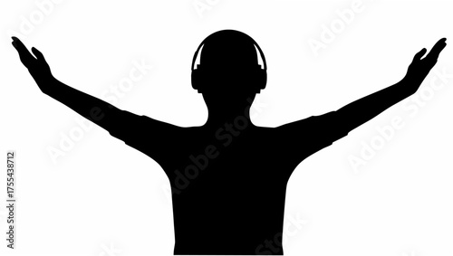 Silhouette of a person joyfully listening to music with arms outstretched, exuding freedom and happiness