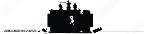 Electric power transformer silhouette with repair tools, broken components, and maintenance equipment, black and white minimalist vector illustration for industrial energy and technology design