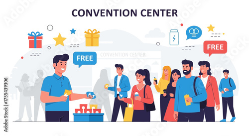 Convention Attendees Receiving Free Items Representing Community Event Promotion