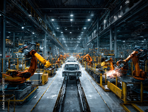 Automated car assembly line with robotic arms and a car on a conveyor