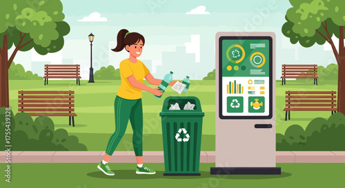 Woman demonstrating eco-friendly habits by recycling in a public park promoting sustainability