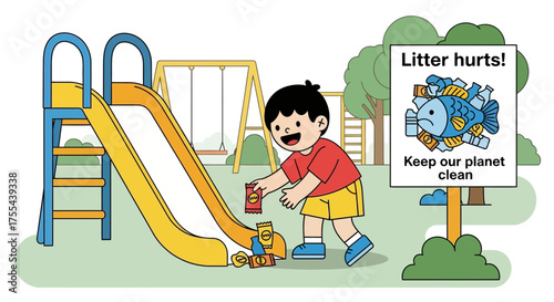 Cartoon illustration: a child picks up trash in a playground to keep the environment clean