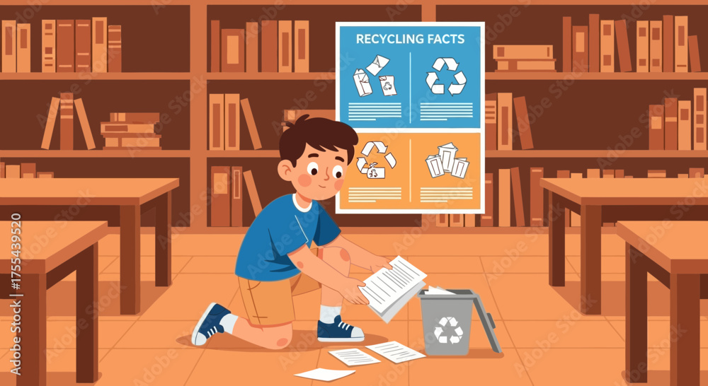 Naklejka premium Illustration of a Boy Recycling Paper in a Library Setting Showing Responsibility