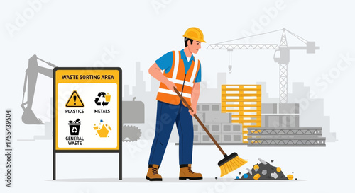 Construction worker sweeping waste in a waste sorting area at construction site