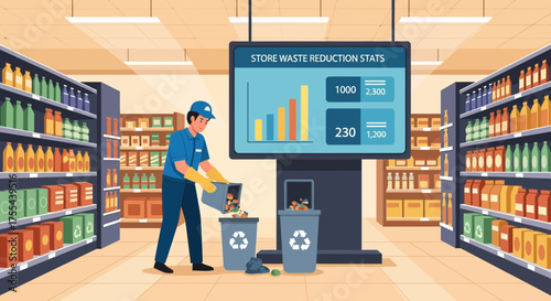 Supermarket sustainability effort: Waste management and reduction strategies displayed