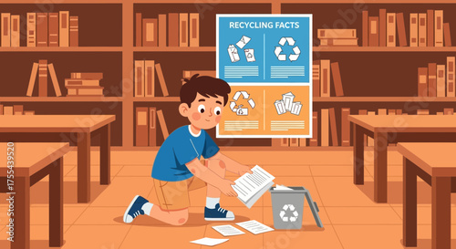 Illustration of a Boy Recycling Paper in a Library Setting Showing Responsibility