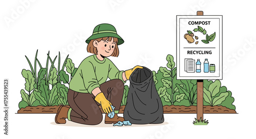 Illustrative depiction of a volunteer collecting waste and promoting environmental awareness