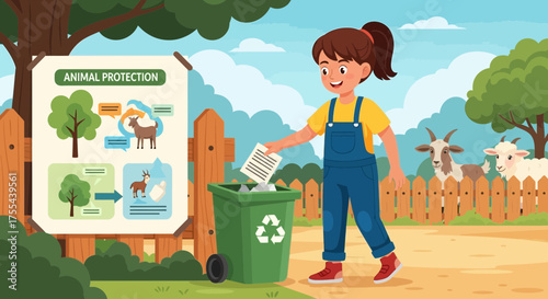 Girl practicing waste management next to animal protection sign in rural setting