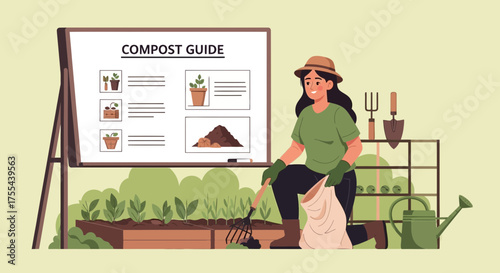 Woman follows compost guide for sustainable gardening and soil enrichment process