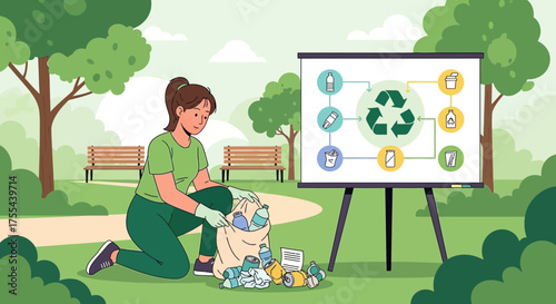 Community Clean-Up: Person Collecting Recyclables in Park with Education on Recycling