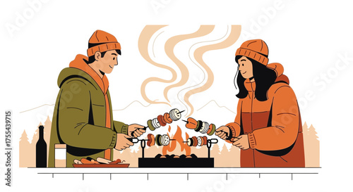 Couple Cooking Skewers Over Campfire: A Cozy Outdoor Dining Experience Illustration