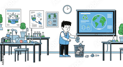 Illustration of a boy cleaning a classroom with educational ecology materials