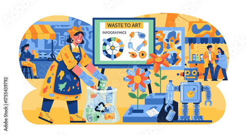 Whimsical Illustration of Recycling Initiative and Repurposed Waste into Art Exhibit