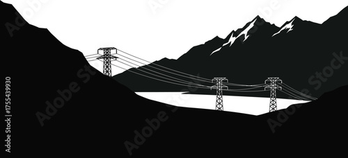 Electric power transmission towers in mountain valley landscape, black and white vector illustration of high voltage lines and energy infrastructure, nature background
