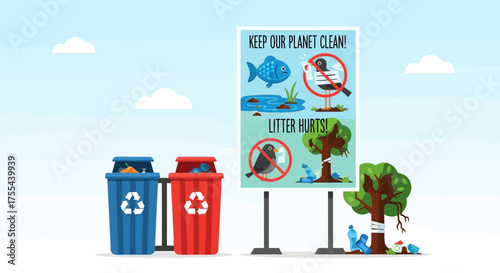 Illustrative call for environmental stewardship, promoting recycling and preventing pollution