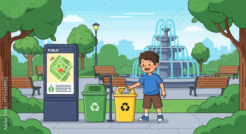 A cheerful child promotes environmental responsibility by discarding waste in a park