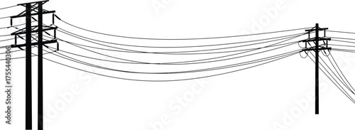 Electric transmission poles and high voltage power lines vector illustration, electricity distribution infrastructure silhouette, industrial energy connection design for urban technology concept