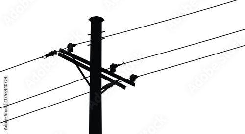 Electric utility pole with power lines in black silhouette, urban electricity infrastructure vector illustration, energy distribution system concept, industrial network design