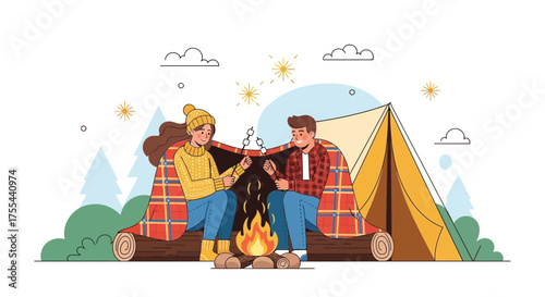 Couple Roasting Marshmallows by Campfire Beneath Tent, Perfect for Outdoor Adventure Moments