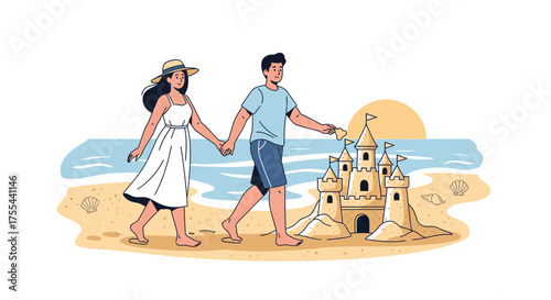 Couple Strolls Along Beach, Sandcastle Stands, Holding Hands, Seaside, Vacation