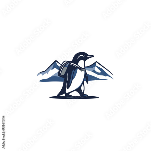 A fun, modern logo illustration featuring a determined penguin wearing a backpack and walking against a backdrop of icy blue mountains