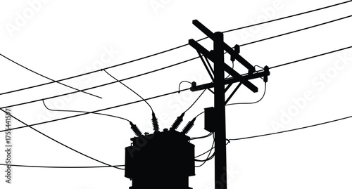 Electric utility pole with transformer and multiple power cables, black silhouette vector illustration, electricity transmission infrastructure, industrial energy distribution network design concept