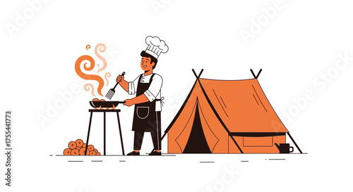 Culinary Adventure: Chef Cooking Delicious Food Outdoors near Tent