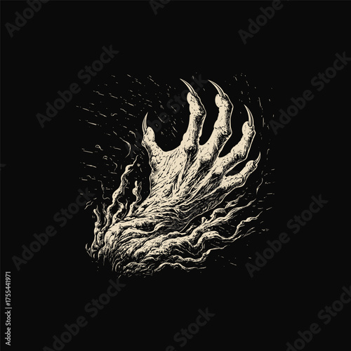 A dramatic and terrifying black and white illustration showing a monstrous, skeletal hand with long sharp claws emerging powerfully from the ground, surrounded by crackling energy or lightning bolts