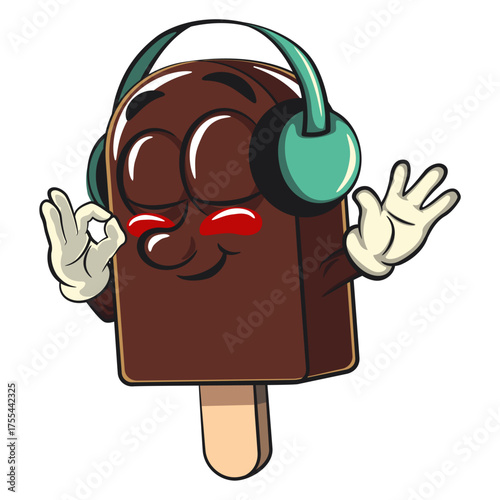 cute chocolate ice cream bar mascot cartoon vector illustration isolated listening to headset while dancing, work of hand drawn
