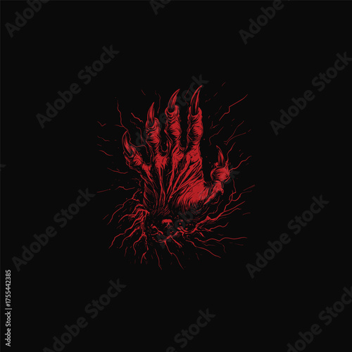 A dramatic and terrifying black and white illustration showing a monstrous, skeletal hand with long sharp claws emerging powerfully from the ground, surrounded by crackling energy or lightning bolts