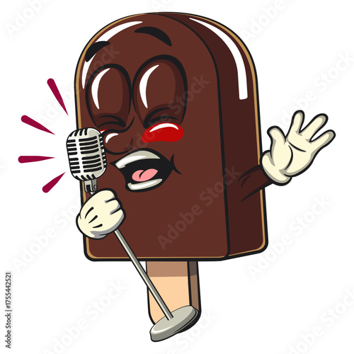 cute chocolate ice cream bar mascot cartoon vector illustration isolated  singing earnestly with maximum style, work of hand drawn