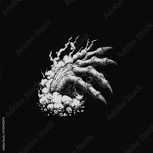 A dramatic and terrifying black and white illustration showing a monstrous, skeletal hand with long sharp claws emerging powerfully from the ground, surrounded by crackling energy or lightning bolts