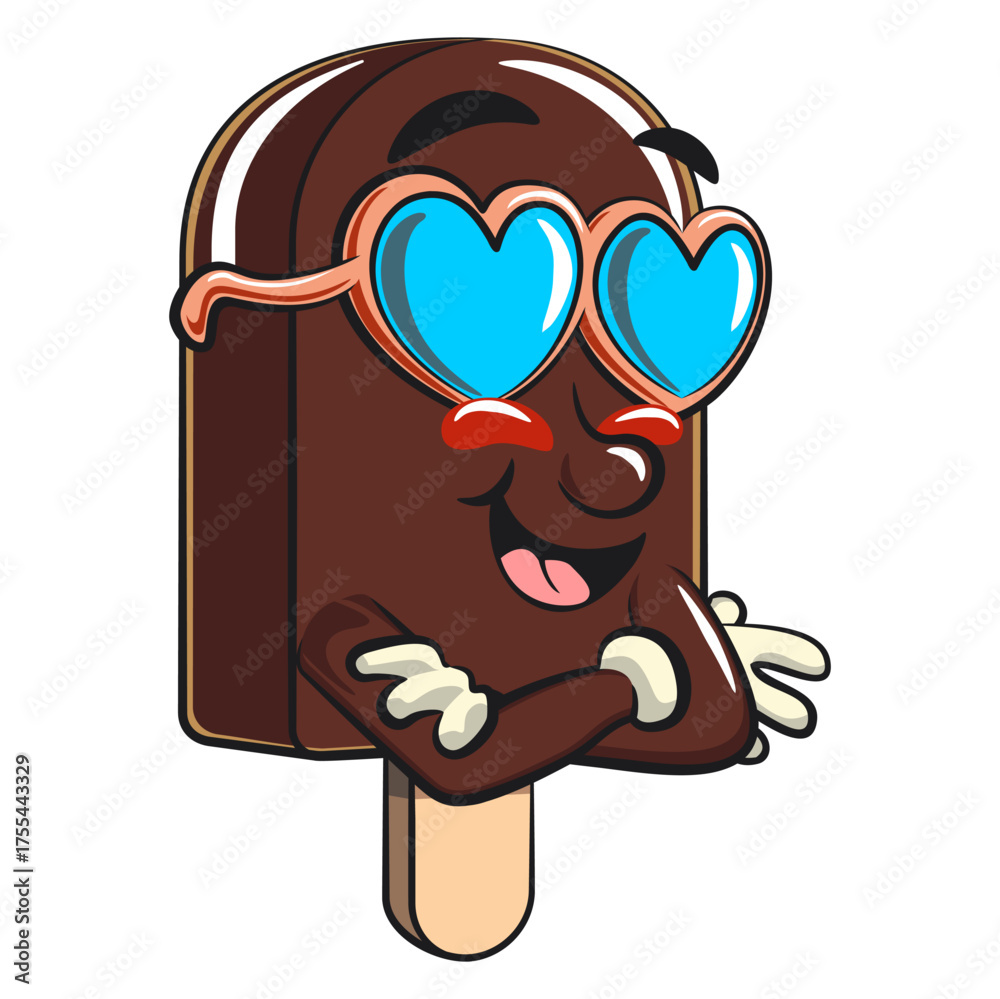Obraz premium cute chocolate ice cream bar mascot cartoon vector illustration isolated wearing heart shaped beach sunglasse, work of hand drawn