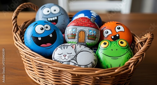 Painted Rocks in a Basket - Whimsical Art and Playful Designs.