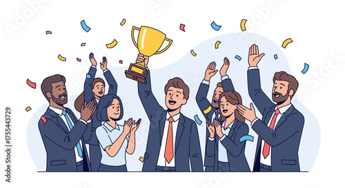 Triumphant Team Celebrating Victory Holding Trophy Amidst Joyful Confetti