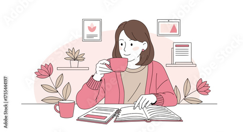 Woman Enjoying Beverage While Reading Book In Cozy And Comfortable Setting