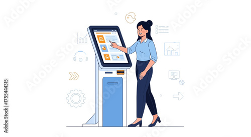 Woman Interacting With Interactive Kiosk Device in Modern Illustration Style Imagery