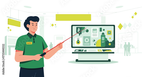 Exhibition Presenter Explains Visual Data And Information With Pointer
