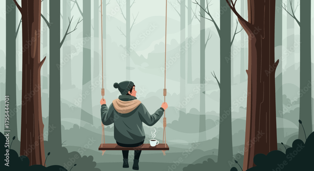 Fototapeta premium Solitary Reverie: A Forest Swing Retreat for Quiet Contemplation and Relaxation